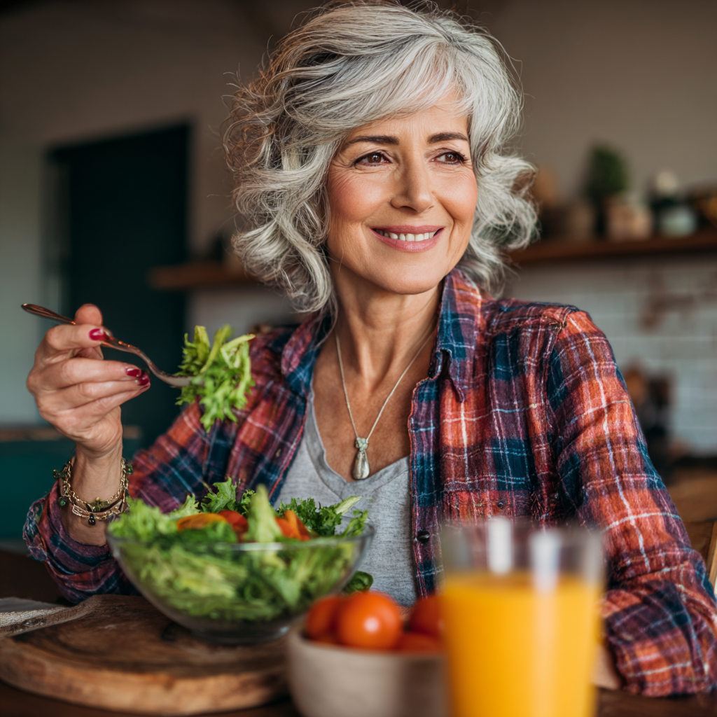 mature woman enjoying healthy salad prepared with personalized nutrition plan