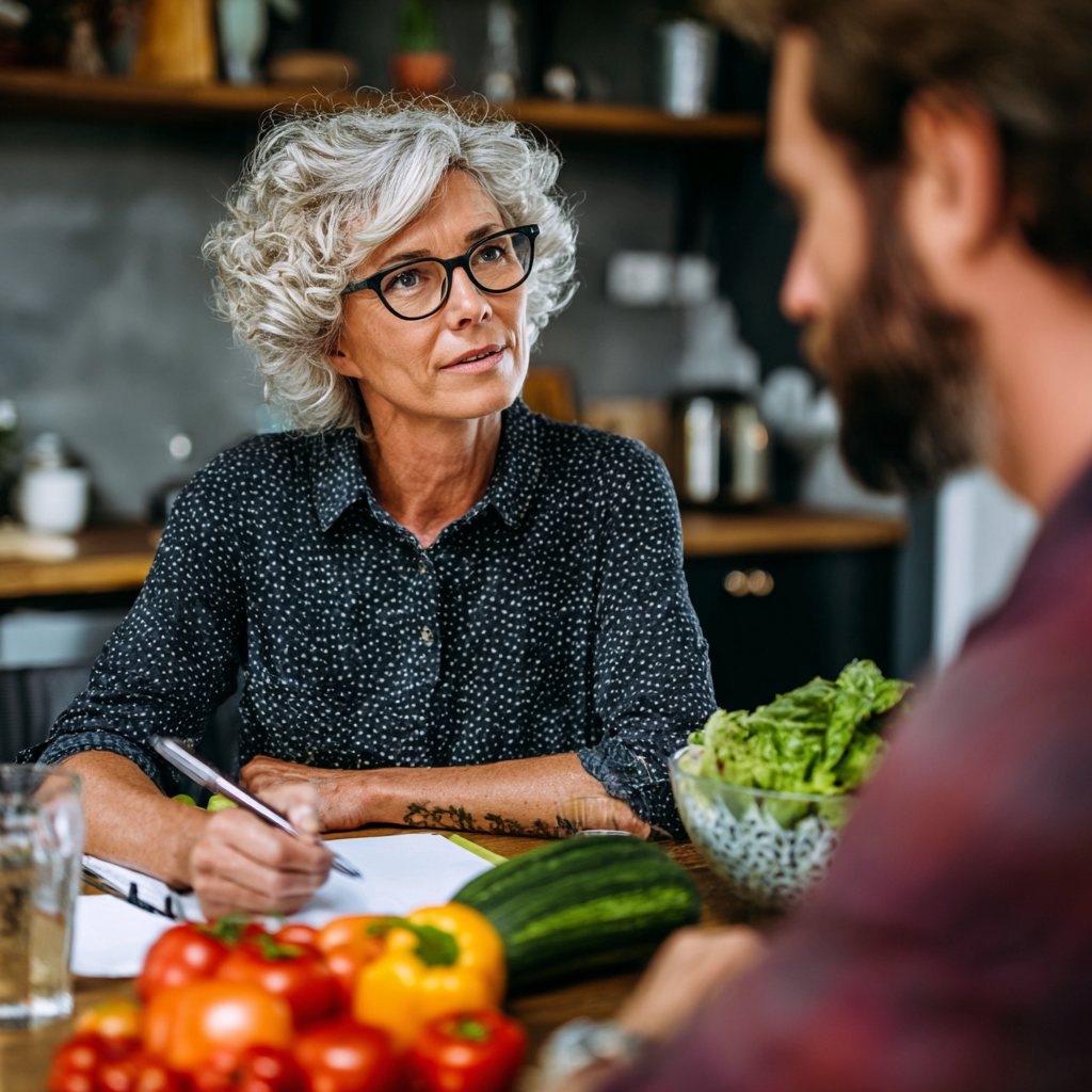 middle-aged nutritionist consulting with mature client about balanced meal planning