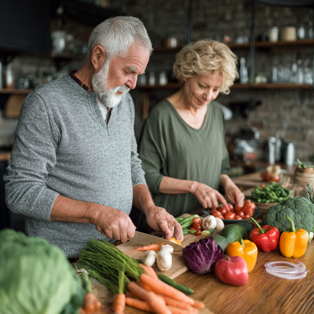 senior couple preparing healthy vegetables in modern kitchen following meal plan